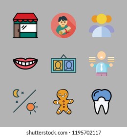 cheerful icon set. vector set about shop, graduate, smile and portraits icons set.