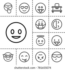 Cheerful icons. set of 13 editable outline cheerful icons such as baby walker, smiling emot, emoji in mask, cool emot in sunglasses, emoji angel