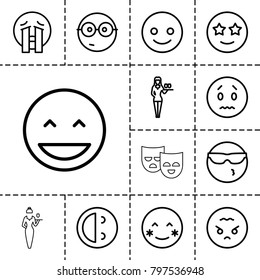 Cheerful icons. set of 13 editable outline cheerful icons such as casino girl, smiling emot, laughing emot, blush, nerd emoji, happe emoji with star eyes