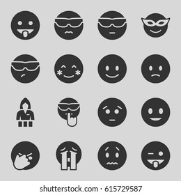 Cheerful icons set. set of 16 cheerful filled icons such as Casino girl, smiling emot, blush, emoji in mask, sad emot, emoji showing tongue