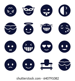 Cheerful icons set. set of 16 cheerful filled icons such as baby walker, smiling emot, laughing emot, emoji in mask
