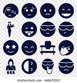 Cheerful icons set. set of 16 cheerful filled icons such as baby walker, casino girl, laughing emot, smiling emot, emoji showing tongue
