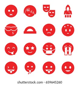 Cheerful icons set. set of 16 cheerful filled icons such as casino girl, smiling emot, sad emot, happe emoji with star eyes, crying emoji, mask