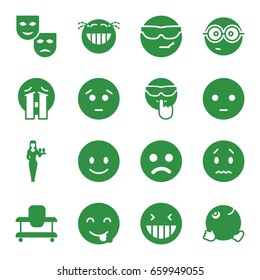 Cheerful icons set. set of 16 cheerful filled icons such as baby walker, casino girl, smiling emot, laughing emot, nerd emoji, crying emoji, dancing emoji, mask