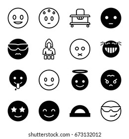Cheerful icons set. set of 16 cheerful filled and outline icons such as smiling emot, sad emot, emoji angel, happe emoji with star eyes, baby walker, casino girl