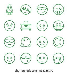 Cheerful icons set. set of 16 cheerful outline icons such as baby walker, casino girl, smiling emot, sad emot, emoji showing tongue, emoji in mask