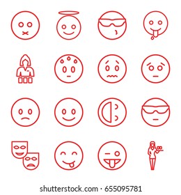 Cheerful icons set. set of 16 cheerful outline icons such as casino girl, smiling emot, sad emot, emoji showing tongue, emoji angel