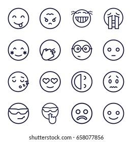 Cheerful icons set. set of 16 cheerful outline icons such as smiling emot, blush, sad emot, nerd emoji, crying emoji, angry emoji