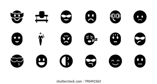 Cheerful icons. set of 18 editable filled cheerful icons: baby walker, smiling emot, sad emot, casino girl, nerd emoji