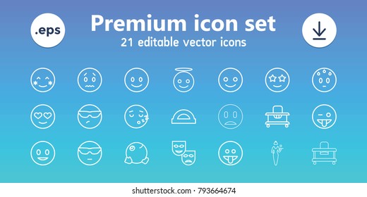 Cheerful icons. set of 21 editable outline cheerful icons includes baby walker, protractor, smiling emot, blush, sad emot, emoji showing tongue, emoji angel, mask, casino girl