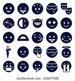 Cheerful icons set. set of 25 cheerful filled icons such as casino girl, smiling emot, blush, sad emot, emoji angel, happe emoji with star eyes, mask
