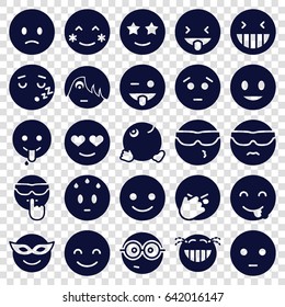 Cheerful icons set. set of 25 cheerful filled icons such as smiling emot, laughing emot, blush, emoji in mask