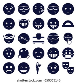Cheerful icons set. set of 25 cheerful filled icons such as baby walker, casino girl, smiling emot, laughing emot, emoji in mask, dancing emoji, mask, protractor