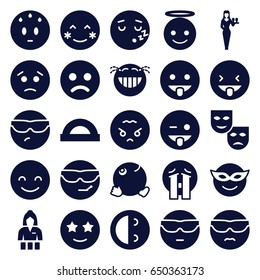 Cheerful icons set. set of 25 cheerful filled icons such as casino girl, blush, smiling emot, emoji in mask, sad emot, emoji showing tongue, mask, protractor