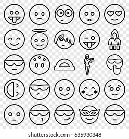 Cheerful icons set. set of 25 cheerful outline icons such as casino girl, smiling emot, blush, emoji in mask, sad emot, emoji showing tongue