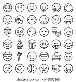 Cheerful icons set. set of 36 cheerful outline icons such as baby walker, casino girl, smiling emot, laughing emot, blush, emoji showing tongue, emoji angel, sad smiley