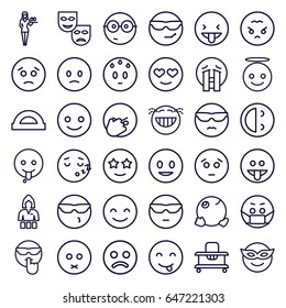 Cheerful icons set. set of 36 cheerful outline icons such as baby walker, casino girl, smiling emot, emoji in mask, sad emot, emoji angel, sad smiley, protractor