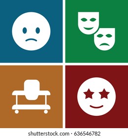 Cheerful icons set. set of 4 cheerful filled icons such as baby walker, sad emot, happe emoji with star eyes