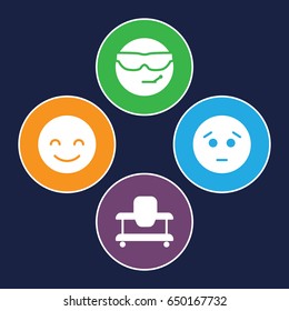 Cheerful icons set. set of 4 cheerful filled icons such as baby walker, smiling emot, sad emot