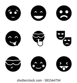 cheerful icons set. Set of 9 cheerful filled icons such as laughing emot, blush, sad emot, mask