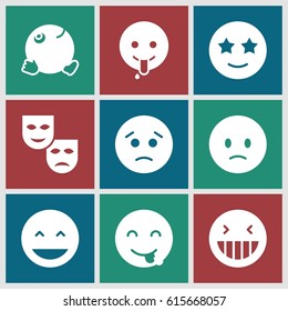 Cheerful icons set. set of 9 cheerful filled icons such as laughing emot, sad emot, emot showing tongue, happe emoji with star eyes, emoji showing tongue, dancing emoji