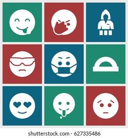 Cheerful icons set. set of 9 cheerful filled icons such as Casino girl, sad emot, cool emot in sunglasses, emoji in mask, emoji showing tongue