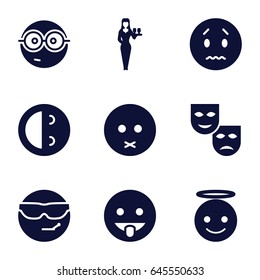 Cheerful icons set. set of 9 cheerful filled icons such as casino girl, sad emot, cool emot in sunglasses, emoji angel, nerd emoji