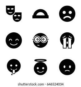 Cheerful icons set. set of 9 cheerful filled icons such as smiling emot, sad emot, emoji angel, nerd emoji, mask, protractor