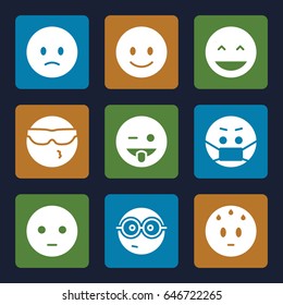 Cheerful icons set. set of 9 cheerful filled icons such as laughing emot, smiling emot, emoji showing tongue, nerd emoji