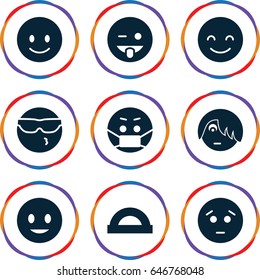Cheerful icons set. set of 9 cheerful filled icons such as smiling emot, sad emot, emoji showing tongue, emoji in mask