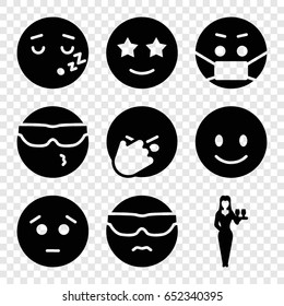 Cheerful icons set. set of 9 cheerful filled icons such as casino girl, smiling emot, sad emot, happe emoji with star eyes