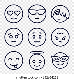 Cheerful icons set. set of 9 cheerful outline icons such as emoji in mask, sad emot, cool emot in sunglasses, emoji angel