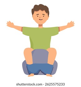 Cheerful illustrated boy sitting crosslegged with open arms, welcoming with a smile