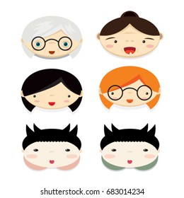 Cheerful illustrated faces. Set of illustrations for children. A retiring girl. Gray granny. Merry children.