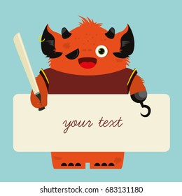 Cheerful illustrated monster. Cartoon pirate with tape over eye. For kids. Cheerful illustration. Picture for children. Place for text.