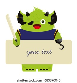 Cheerful illustrated monster. Cartoon pirate with tape over eye. For kids. Cheerful illustration. Picture for children. Place for text.