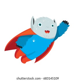 Cheerful illustrated monster. The monster flies. Cheerful illustration. Picture for kids. Super hero.
