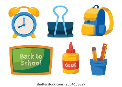 A cheerful illustration of back to school items.  Bright and fun school supplies are ready for the new school year.