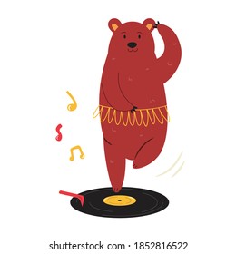 Cheerful illustration of a ballerina bear dancing on a vinyl record. Hand drawn vector image, animal character design