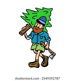 A cheerful illustration of a bearded lumberjack carrying a freshly cut Christmas tree and an axe, perfect for festive and outdoors-themed designs.