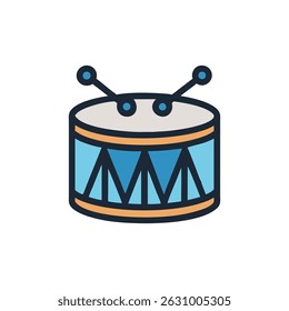 Cheerful illustration of a blue drum with drumsticks. Flat design style. Isolated on White Background.