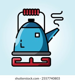 A cheerful illustration of a blue kettle steaming on a red stove. Perfect for kitchen-themed designs and warm beverage concepts.