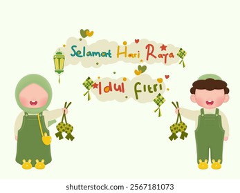 A cheerful illustration of a boy and girl, both dressed in green and smiling, holding ketupat (traditional Indonesian rice cakes). The background features a handwritten "Selamat Hari Raya Idul Fitri"