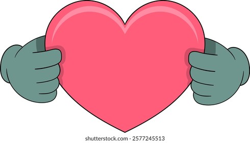 A cheerful illustration of a bright pink heart being held gently by two cartoon style hands, symbolizing love, care, and kindness