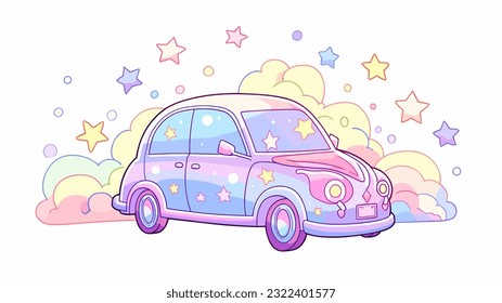 A cheerful illustration of a car with sparkling bubbles and shiny stars