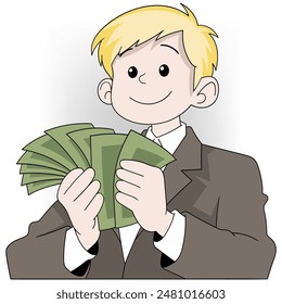 A cheerful illustration of a cartoon businessman with blonde hair, happily holding a fan of cash.