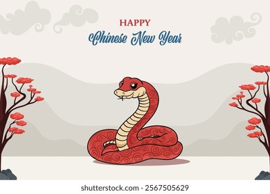 A cheerful illustration celebrating the Chinese New Year, specifically the Year of the Snake. The image features a cute cartoon snake.