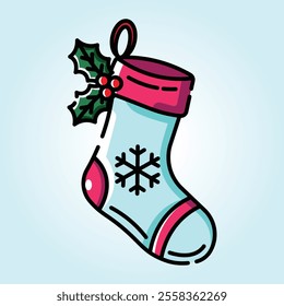 A cheerful illustration of a Christmas stocking adorned with holly and a snowflake. Perfect for holiday cards and decorations