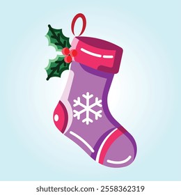 A cheerful illustration of a Christmas stocking adorned with holly and a snowflake. Perfect for festive celebrations.