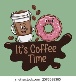 Cheerful illustration of a coffee cup and a donut, both with smiling faces, set against a vibrant green background.